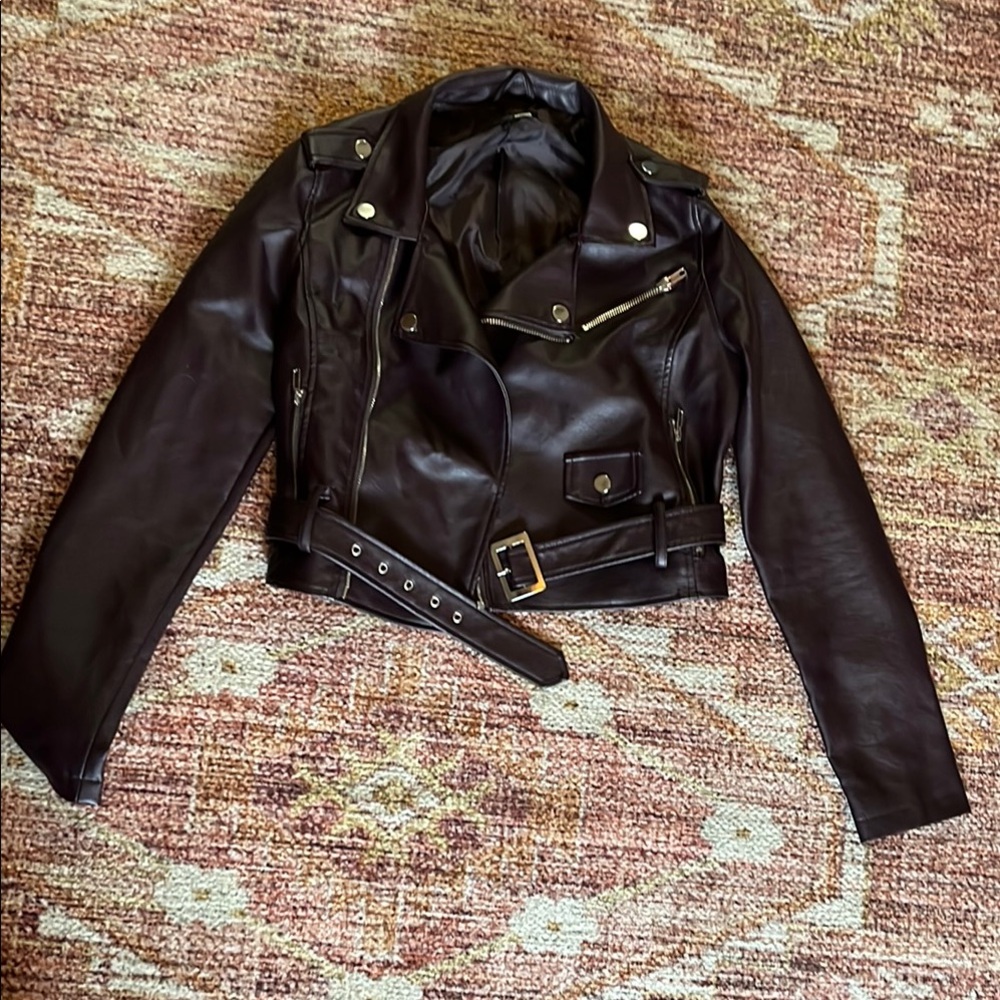 Fashion Nova Dark Purple/Eggplant Leather Biker Jacket with Asymmetrical Zipper